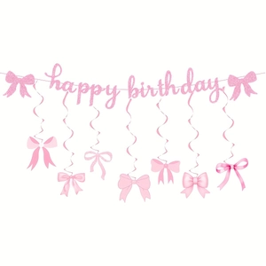 Pink bow theme happy birthday banner set with glitter accents and spiral party decorations