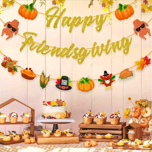 Golden Happy Friendsgiving banner set with glitter maple leaves and turkey decorations