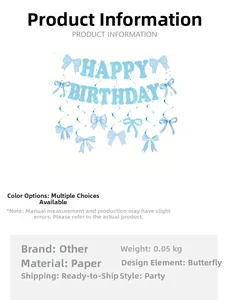 Detailed specs for blue bow party banner and Happy Birthday glitter hanging decorations