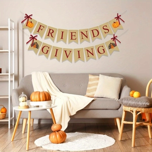 Thanksgiving Friendsgiving banner with pumpkin and turkey patterns for party decor