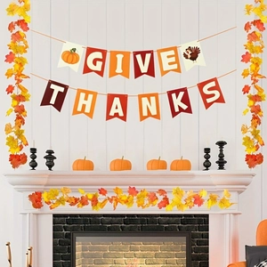Danksagung GIVE THANKS Banner Set mit Ahornblattreben und kleinen Kürbissen für die Ernte