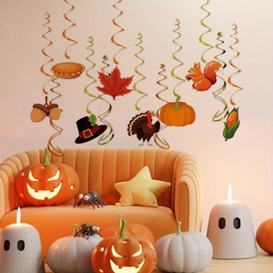 Thanksgiving hanging swirl decorations with pumpkin turkey and maple leaf motifs