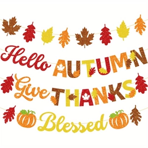 Glittery Hello Autumn and Give Thanks banner set with maple leaves and pumpkin decor