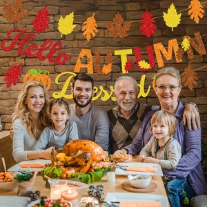 Glittery Hello Autumn banner set with maple leaves for Thanksgiving party decoration