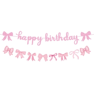 Pink Glitter Cardstock Happy Birthday Banner And Hanging Spirals Bow Theme Party Decor For Girls