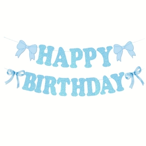 Happy Birthday Banner Light Blue Glitter Paper Garland With Bowknot And Spiral Hanging Swirls Party Decorations