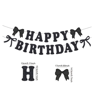 Banderole Happy Birthday à paillettes noires avec nœuds et dimensions pour la fête