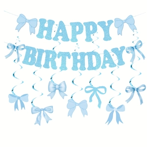 Blue Happy Birthday banner set with spiral hanging swirls and satin bow decorations