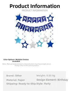 Close-up of blue Happy Birthday banner set with star charms and spiral hanging swirls