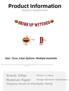 Detailed dimensions of glittery Halloween banner with pumpkin and Drink Up Witches text