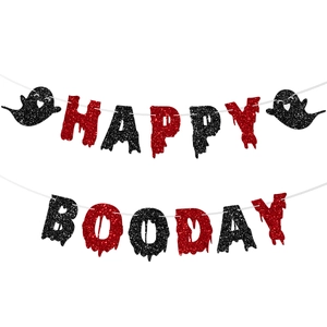 Pink and black glittery Happy Booday Halloween banner with spooky ghost motifs