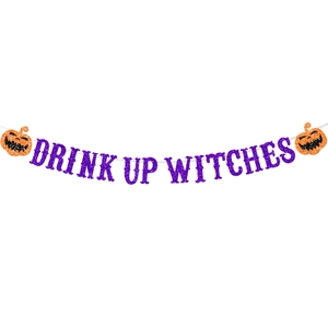 Sparkling purple Halloween Drink Up Witches banner with orange glitter pumpkin accents