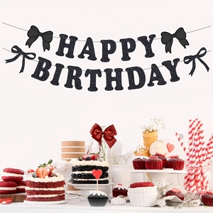 Banderole Happy Birthday noire pailletée avec nœuds pour décoration murale de fête