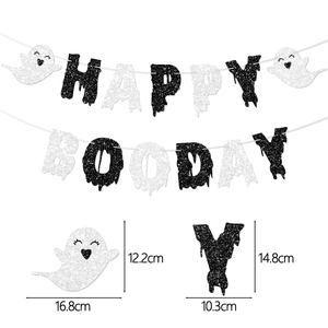 Pink Halloween Happy Booday banner with cute ghost accents and detailed size specifications