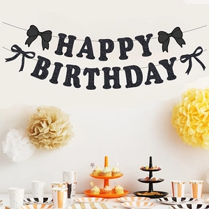 Banderole Happy Birthday à paillettes noires avec nœuds pour décoration murale de fête