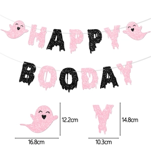 Pink and black glitter Halloween HAPPY BOODAY banner flags with ghost details