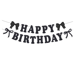 Banderole Happy Birthday noire pailletée avec nœuds pour décoration de fête chic