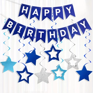 Happy Birthday Banner Paper Swallowtail Flag And Blue Silver Star Hanging Swirls Party Decorations