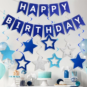 Blue and silver Happy Birthday banner set with star and spiral hanging decorations