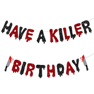 Glittering Have A Killer Birthday banner with bloody knives for Halloween party decor
