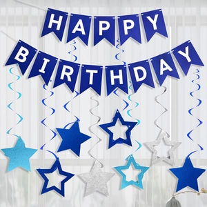 Blue Happy Birthday swallowtail banner with star hanging swirls for party decoration