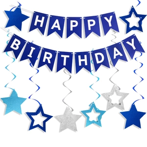 Blue Happy Birthday swallowtail banner kit with hanging stars and spiral decorations