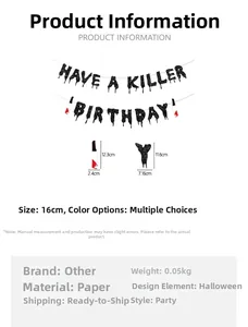 Detail showing dimensions of Have a Killer Birthday glitter banner with blood knife accents