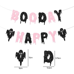 Striscione Halloween Booday Happy rosa e nero con glitter e dettagli delle dimensioni
