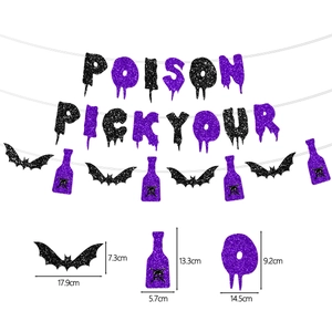 Halloween Pick Your Poison glitter banner with purple potion bottles and black bats decoration