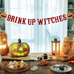 Glittery Drink Up Witches banner with orange pumpkins for Halloween party decoration