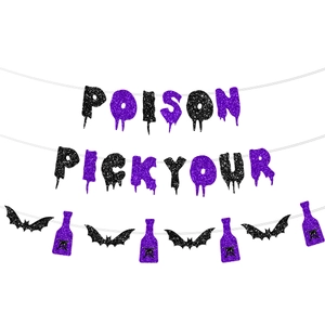 Glittery Halloween banner detail with Poison lettering, bats, and purple potion bottles