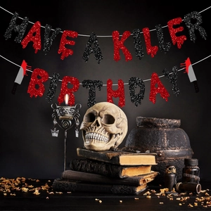 Gothic Have a Killer Birthday banner with bloody knife accents for Halloween parties