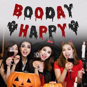 Set striscioni Booday Happy Halloween rosso glitterato con decoro di fantasmi