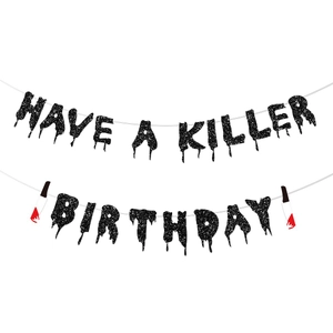 Have a Killer Birthday banner with bloody knives for Halloween party decorations