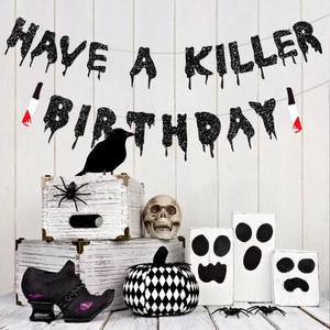 Glittery black Have A Killer Birthday banner with blood drip knife icons for Halloween party