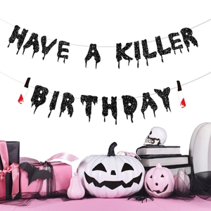 HAVE A KILLER BIRTHDAY glitter banner with bloody knife pendants for Halloween parties