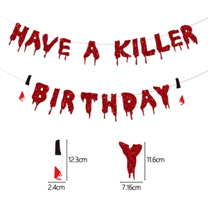 Glittery red Have a Killer Birthday banner with bloody knives for Halloween decor