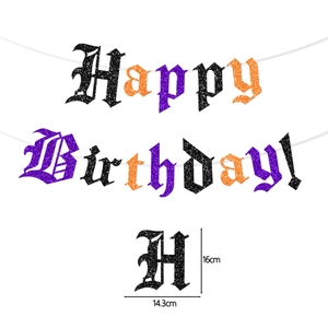 Striscione Happy Birthday gotico glitterato viola e arancione con misure di 16 cm