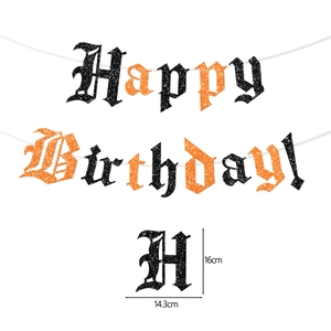 Dettaglio lettere glitterate Happy Birthday arancioni e nere con altezza di 16 cm per feste