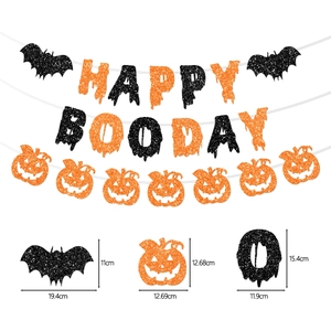 Glittery Happy Booday Halloween banner with bat and pumpkin decorations for party decor
