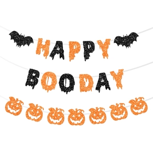 Glittery Happy Boo Day Halloween banner with black bats and orange pumpkin garlands