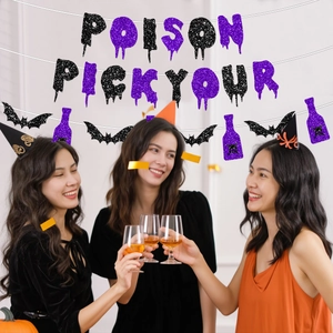 Halloween Pick Your Poison glitter banner with purple bottles and black bats decorations