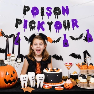 Halloween party decoration set with purple glitter Pick Your Poison banner and bats