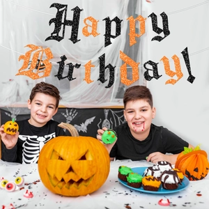 Striscione gotico glitterato Happy Birthday per decorazione festa di Halloween