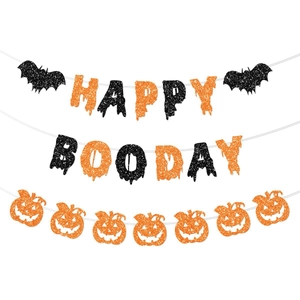 Halloween Banner Garland Happy Boo Day Glitter Paper Bat Pumpkin Party Decoration Indoor Orange Black Holiday Hanging
