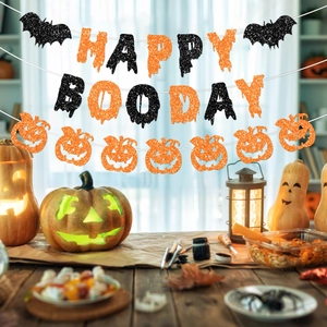 Glittery Happy Boo Day Halloween banner with pumpkin and bat decorations for festive party