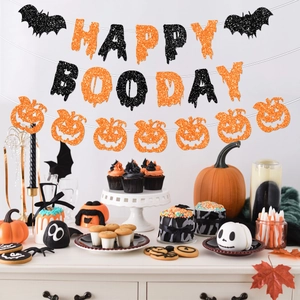 Glittery Happy Boo Day Halloween banner with black bats and orange pumpkin party decor