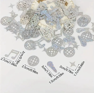 Disco music themed laser glitter confetti set with notes, microphones, and stars