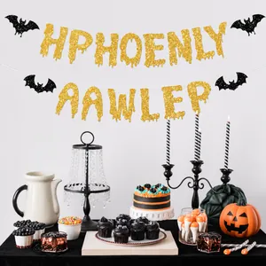 Halloween-Fledermaus-Banner-Set mit goldenem Glitzer und schwarzen Fledermäusen Deko