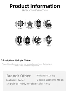 Size chart for 8 Eid festival star and moon ornaments with precise dimensions in cm